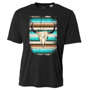 Funny Serape Cow Boho print Flower Rustic Turquoise Brown Cooling Performance Crew T-Shirt