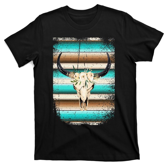 Funny Serape Cow Boho print Flower Rustic Turquoise Brown T-Shirt