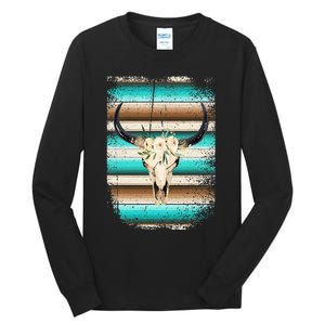 Funny Serape Cow Boho print Flower Rustic Turquoise Brown Tall Long Sleeve T-Shirt