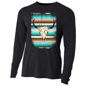 Funny Serape Cow Boho print Flower Rustic Turquoise Brown Cooling Performance Long Sleeve Crew