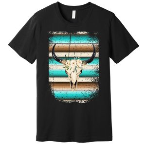 Funny Serape Cow Boho print Flower Rustic Turquoise Brown Premium T-Shirt