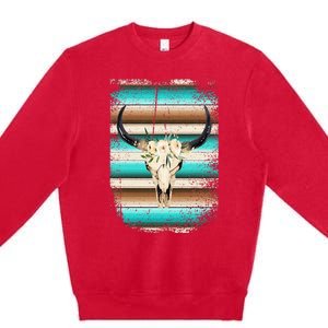 Funny Serape Cow Boho print Flower Rustic Turquoise Brown Premium Crewneck Sweatshirt