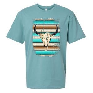 Funny Serape Cow Boho print Flower Rustic Turquoise Brown Sueded Cloud Jersey T-Shirt