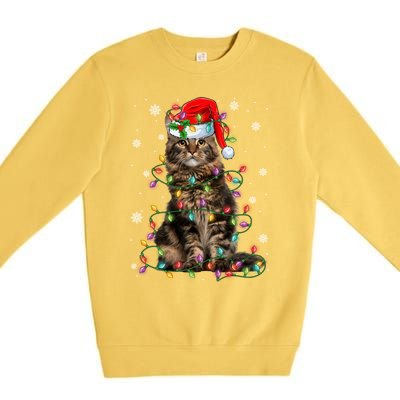 Funny Santa Claus Maine Coon Cat And Christmas Lights Xmas Gift Premium Crewneck Sweatshirt