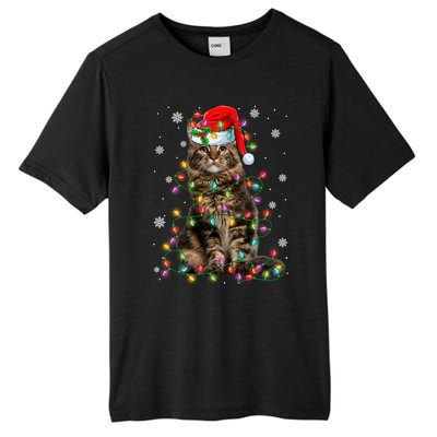 Funny Santa Claus Maine Coon Cat And Christmas Lights Xmas Gift Tall Fusion ChromaSoft Performance T-Shirt