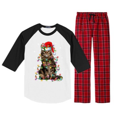 Funny Santa Claus Maine Coon Cat And Christmas Lights Xmas Gift Raglan Sleeve Pajama Set