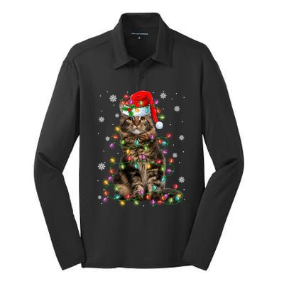 Funny Santa Claus Maine Coon Cat And Christmas Lights Xmas Gift Silk Touch Performance Long Sleeve Polo