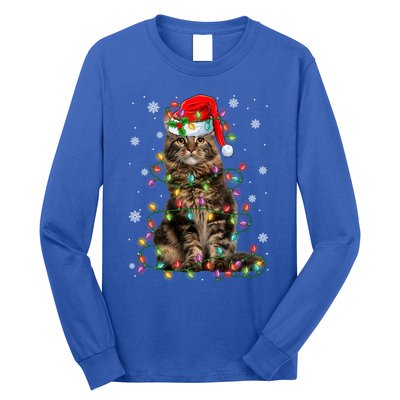 Funny Santa Claus Maine Coon Cat And Christmas Lights Xmas Gift Long Sleeve Shirt