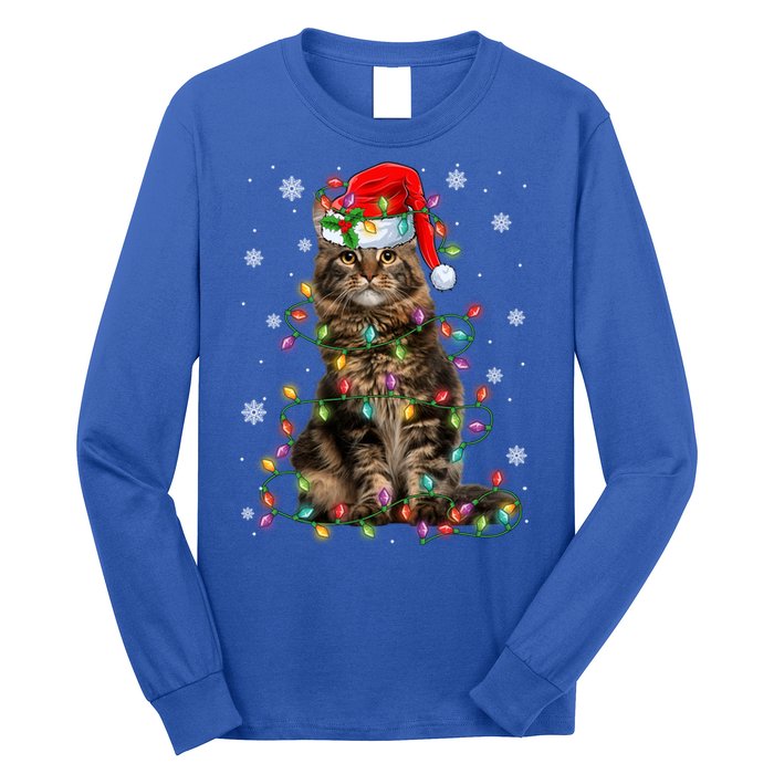 Funny Santa Claus Maine Coon Cat And Christmas Lights Xmas Gift Long Sleeve Shirt