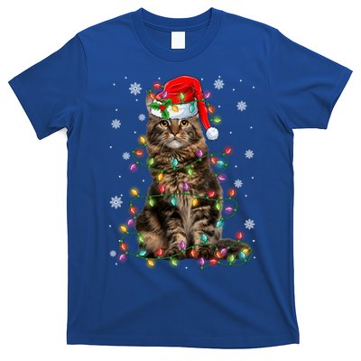 Funny Santa Claus Maine Coon Cat And Christmas Lights Xmas Gift T-Shirt