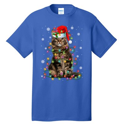 Funny Santa Claus Maine Coon Cat And Christmas Lights Xmas Gift Tall T-Shirt