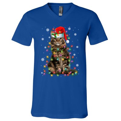 Funny Santa Claus Maine Coon Cat And Christmas Lights Xmas Gift V-Neck T-Shirt