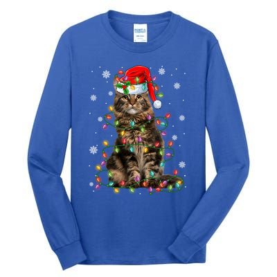 Funny Santa Claus Maine Coon Cat And Christmas Lights Xmas Gift Tall Long Sleeve T-Shirt