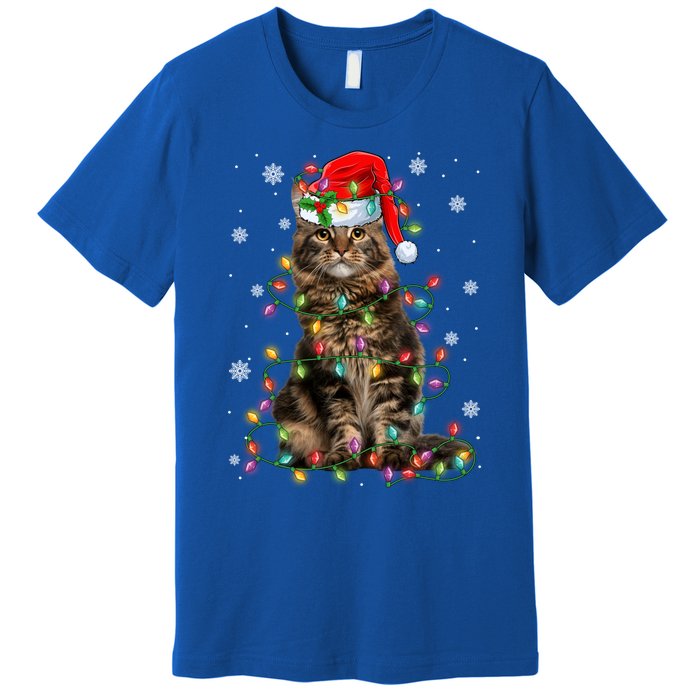 Funny Santa Claus Maine Coon Cat And Christmas Lights Xmas Gift Premium T-Shirt