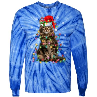 Funny Santa Claus Maine Coon Cat And Christmas Lights Xmas Gift Tie-Dye Long Sleeve Shirt