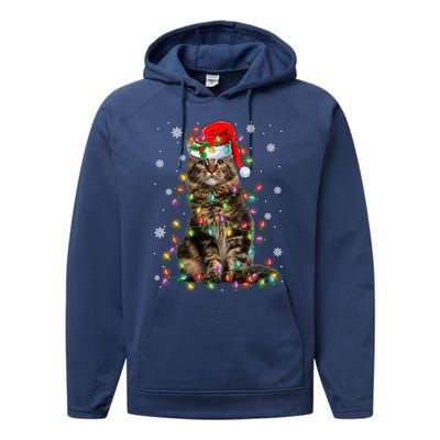 Funny Santa Claus Maine Coon Cat And Christmas Lights Xmas Gift Performance Fleece Hoodie