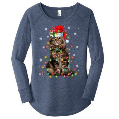 Funny Santa Claus Maine Coon Cat And Christmas Lights Xmas Gift Women's Perfect Tri Tunic Long Sleeve Shirt