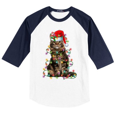 Funny Santa Claus Maine Coon Cat And Christmas Lights Xmas Gift Baseball Sleeve Shirt