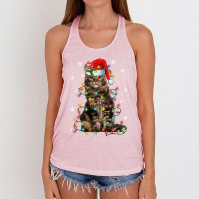 Funny Santa Claus Maine Coon Cat And Christmas Lights Xmas Gift Women's Knotted Racerback Tank