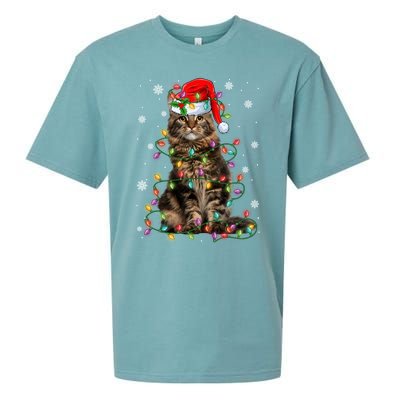 Funny Santa Claus Maine Coon Cat And Christmas Lights Xmas Gift Sueded Cloud Jersey T-Shirt