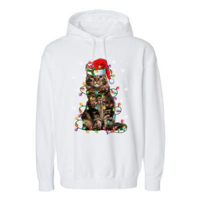 Funny Santa Claus Maine Coon Cat And Christmas Lights Xmas Gift Garment-Dyed Fleece Hoodie