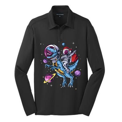 Funny Santa Claus Astronaut Christmas Riding Dinosaur Trex Gift Silk Touch Performance Long Sleeve Polo