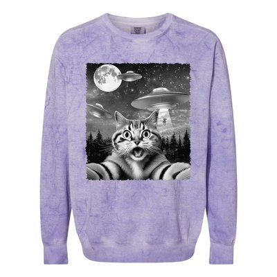 Funny Scared Cat Selfie With Ufos Gift Idea Colorblast Crewneck Sweatshirt