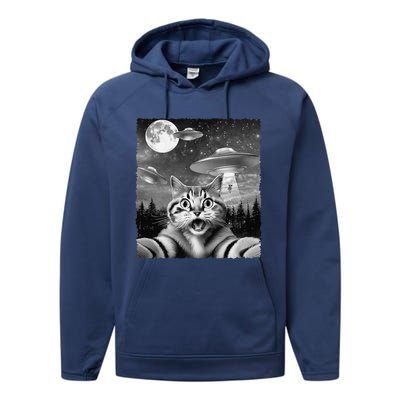 Funny Scared Cat Selfie With Ufos Gift Idea Performance Fleece Hoodie