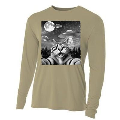 Funny Scared Cat Selfie With Ufos Gift Idea Cooling Performance Long Sleeve Crew