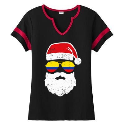 Funny Santa Claus Face Sunglasses Colombia Flag  Ladies Halftime Notch Neck Tee