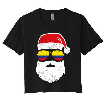 Funny Santa Claus Face Sunglasses Colombia Flag  Women's Crop Top Tee