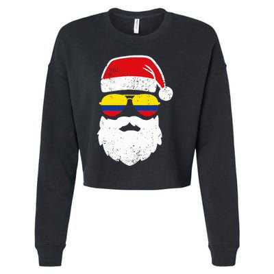 Funny Santa Claus Face Sunglasses Colombia Flag  Cropped Pullover Crew