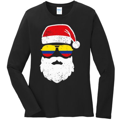 Funny Santa Claus Face Sunglasses Colombia Flag  Ladies Long Sleeve Shirt