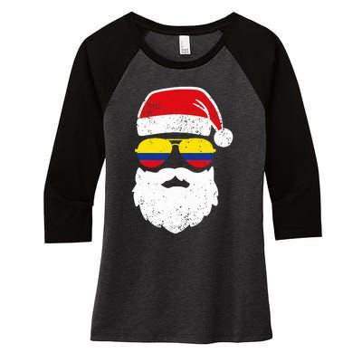 Funny Santa Claus Face Sunglasses Colombia Flag  Women's Tri-Blend 3/4-Sleeve Raglan Shirt