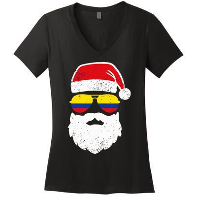 Funny Santa Claus Face Sunglasses Colombia Flag  Women's V-Neck T-Shirt