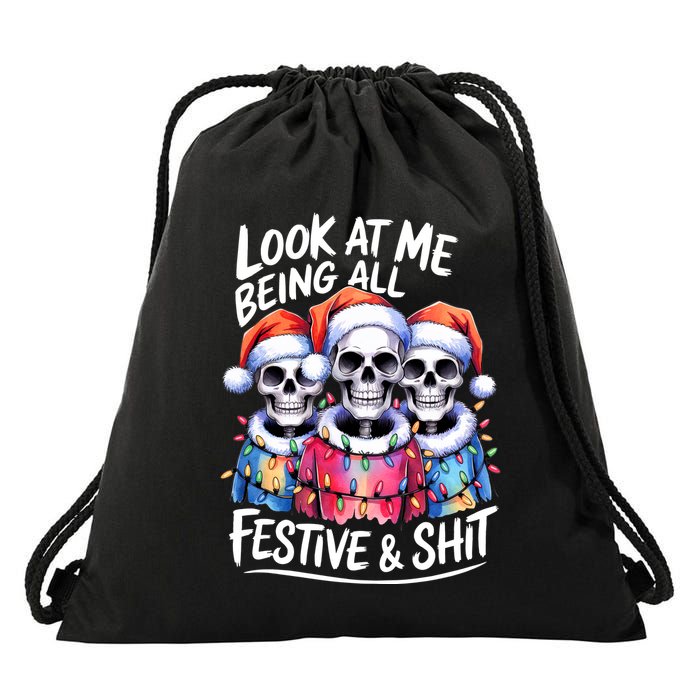 Funny Skeleton Christmas Look At Me All Festive And Drawstring Bag