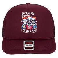 Funny Skeleton Christmas Look At Me All Festive And High Crown Mesh Back Trucker Hat