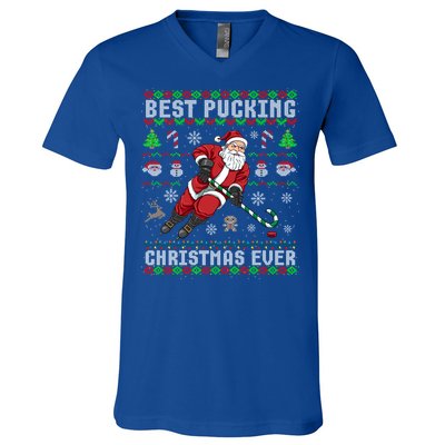 Funny Santa Claus Ugly Christmas Ice Hockey Best Pucking Funny Gift V-Neck T-Shirt