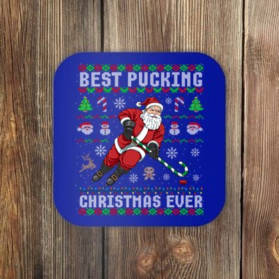 Funny Santa Claus Ugly Christmas Ice Hockey Best Pucking Funny Gift Coaster