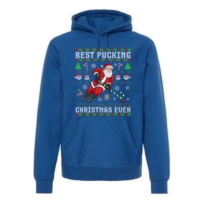 Funny Santa Claus Ugly Christmas Ice Hockey Best Pucking Funny Gift Premium Hoodie