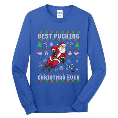 Funny Santa Claus Ugly Christmas Ice Hockey Best Pucking Funny Gift Tall Long Sleeve T-Shirt