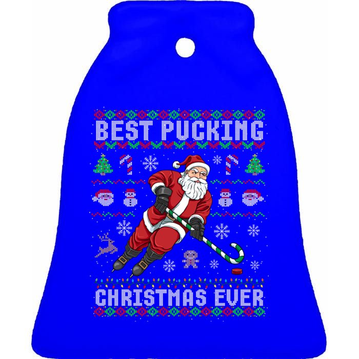 Funny Santa Claus Ugly Christmas Ice Hockey Best Pucking Funny Gift Ceramic Bell Ornament