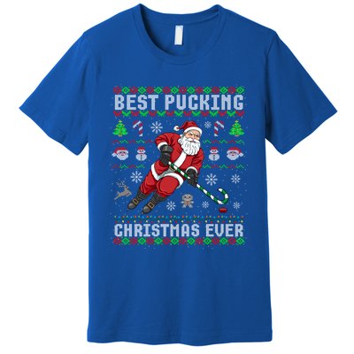 Funny Santa Claus Ugly Christmas Ice Hockey Best Pucking Funny Gift Premium T-Shirt