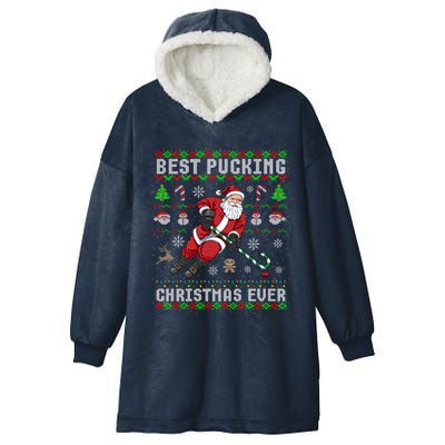 Funny Santa Claus Ugly Christmas Ice Hockey Best Pucking Funny Gift Hooded Wearable Blanket