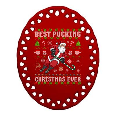 Funny Santa Claus Ugly Christmas Ice Hockey Best Pucking Funny Gift Ceramic Oval Ornament