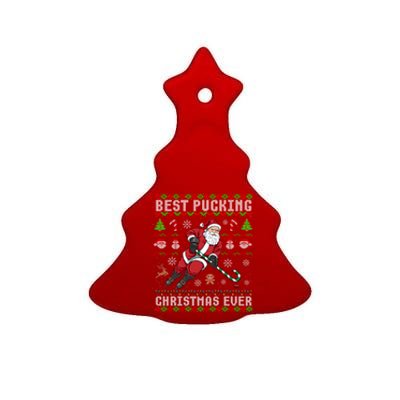 Funny Santa Claus Ugly Christmas Ice Hockey Best Pucking Funny Gift Ceramic Tree Ornament