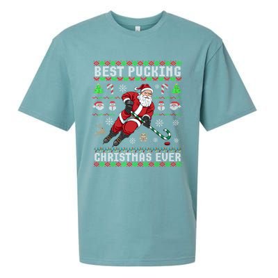 Funny Santa Claus Ugly Christmas Ice Hockey Best Pucking Funny Gift Sueded Cloud Jersey T-Shirt