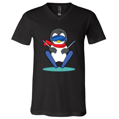 Funny Skiing Cute Penguin Gift For Fan Ski V-Neck T-Shirt