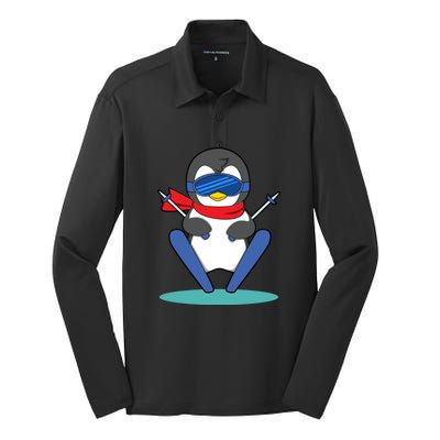 Funny Skiing Cute Penguin Gift For Fan Ski Silk Touch Performance Long Sleeve Polo