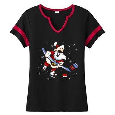 Funny Santa Christmas Ice Hockey Love Playing Celebrate Xmas Gift Ladies Halftime Notch Neck Tee